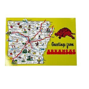 Postcard Greetings From Arkansas State Map Red Ground Hog u Population Informati